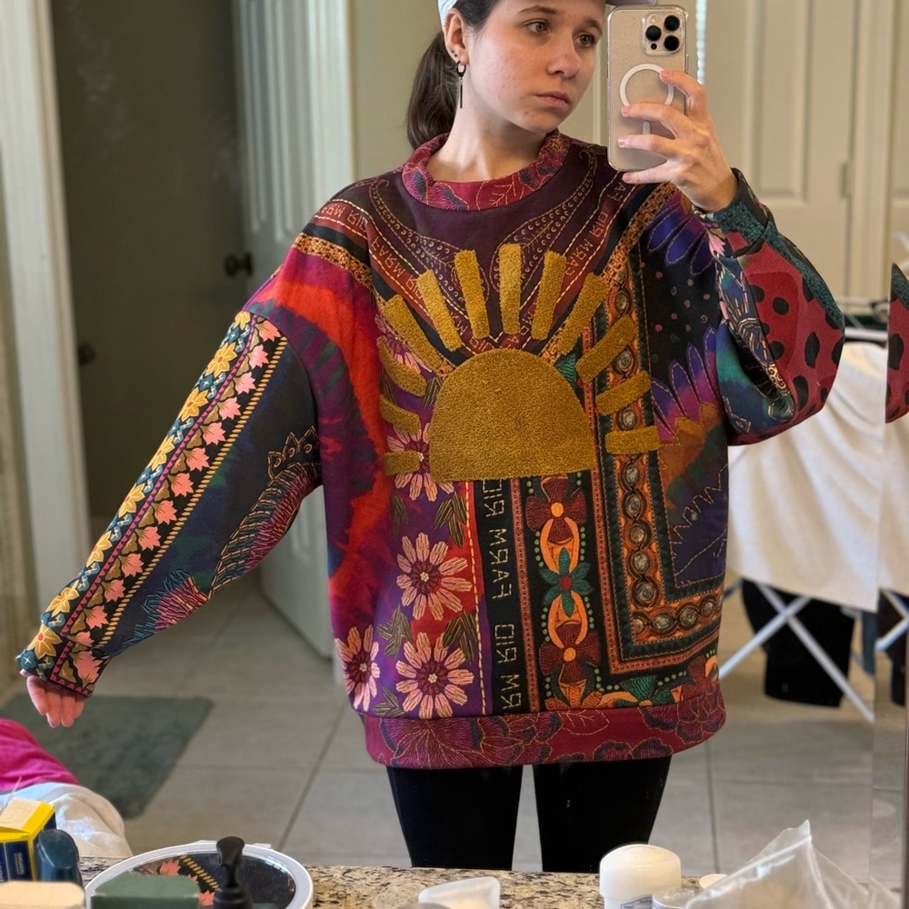 Farm Rio Women’s Mixed Scarves Print Oversized Pullover Sweatshirt Size XS